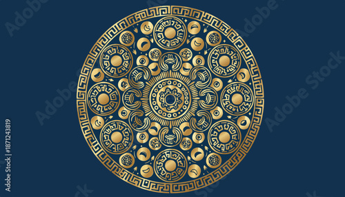 Intricate golden circular mandala with detailed patterns and symbols.