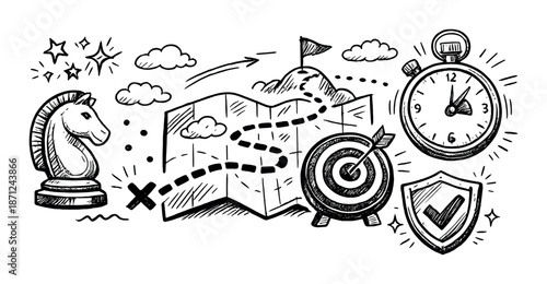 Strategic planning concept with map, chess knight, stopwatch, target, and shield icons