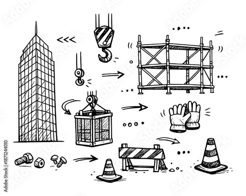 Construction site safety diagram with equipment, scaffolding, and safety gear