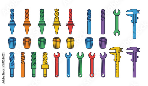 Colorful engineering and industrial tools vector illustration set