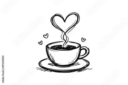 Hand drawn coffee cup with heart shaped steam symbolizing love