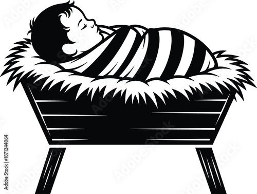 Sleeping Baby in Manger Wrapped in Blanket Black and White Nativity Scene Vector for Christian Christmas Religious Holiday Illustration
