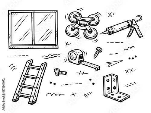 Hand-drawn construction tools and equipment on dark background