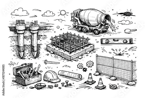 Hand-drawn construction elements: cement mixer, tools, rebar foundation, and safety gear