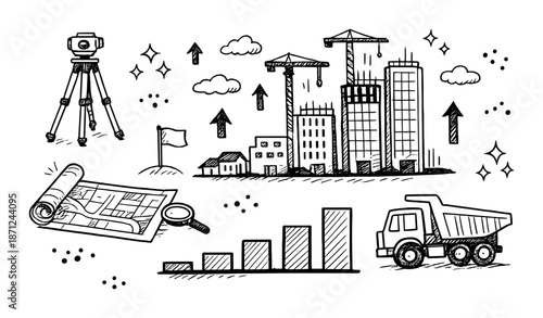 Black and white sketched construction site with buildings, cranes, and equipment