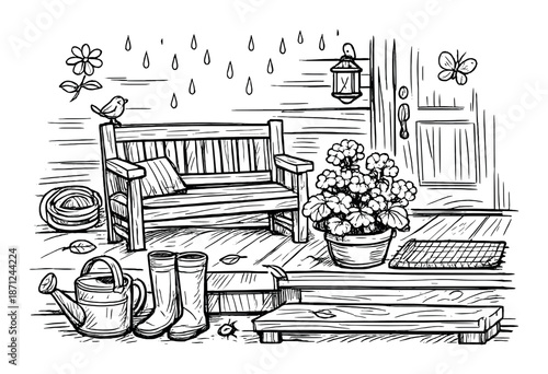 Cozy outdoor garden scene with bench, flowers, and rainy ambiance
