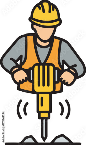 Construction Worker with Jackhammer Flat Vector for Roadwork Maintenance, industrial safety manuals, road construction signage, and building demolition project reports.