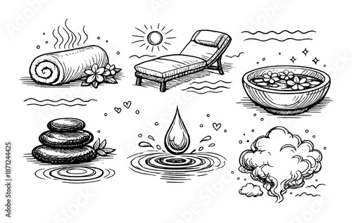 Hand-drawn spa elements: massage, relaxation, water, stones, aromatherapy