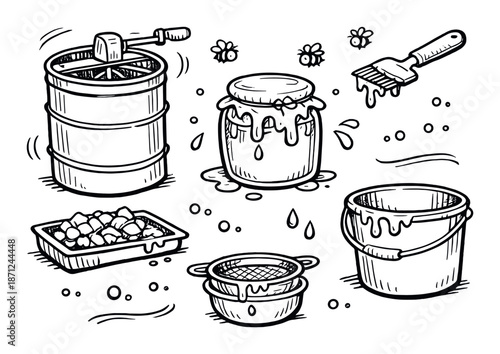 Hand-drawn honey harvesting tools and icons with bees and honeycombs