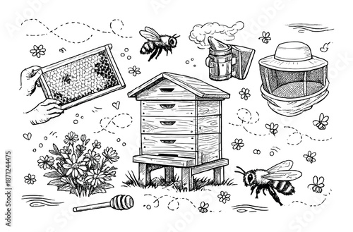 Black and white beekeeping scene with beehive, bees, and tools