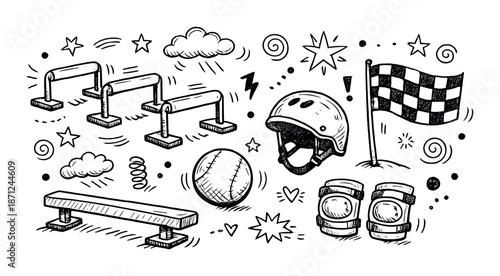 Hand-drawn sports gear and equipment sketches on dark background