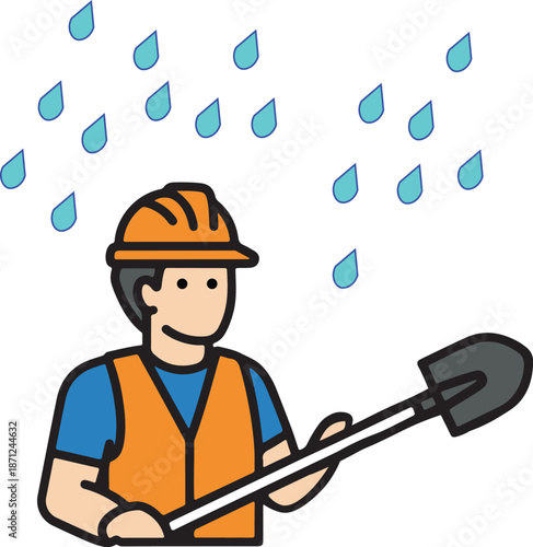 Construction Worker with Shovel in Rain Flat Vector for Weather Safety. weather safety guides, outdoor labor manuals, and construction site signage regarding working in wet or stormy conditions.