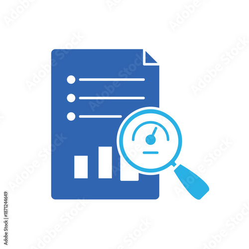 Icon a Measurement gauge speedometer magnifying glass analytics performance, isolated against a clean background