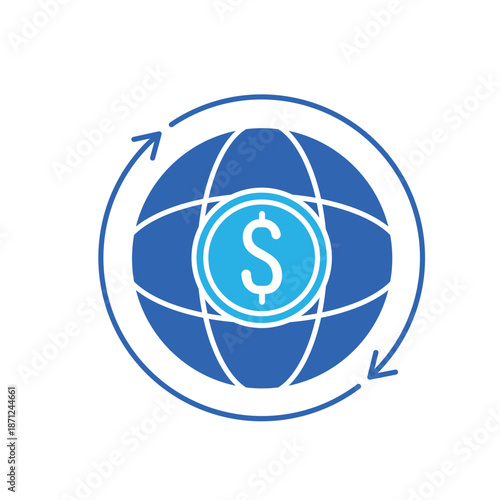 Icon a International world globe dollar sign exchange currency market, isolated against a clean background.