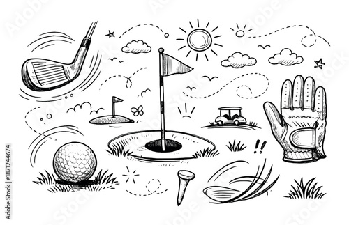 Hand-drawn golf illustrations with clubs, balls, and flag on black background
