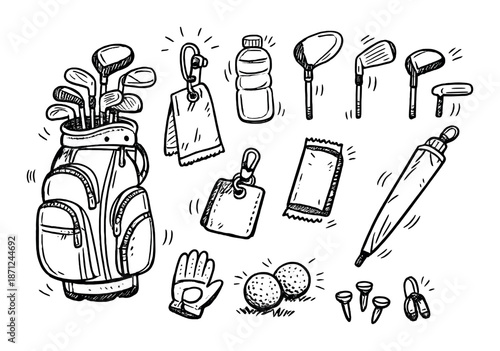 Golf equipment collection featuring clubs, bag, and accessories