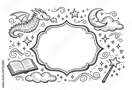 Enchanted night sky with dragon, magic wand, and book in doodle style