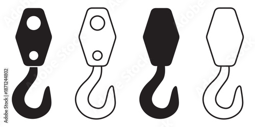 Industrial Crane Hook Icon Set in Circular Flat Style – Black Lifting Hook and Pulley Illustration
 for Construction and Heavy Machinery