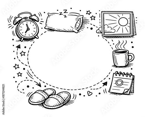 Monochrome sleepy routine: clock, pillow, coffee, slippers in dreamy sketch