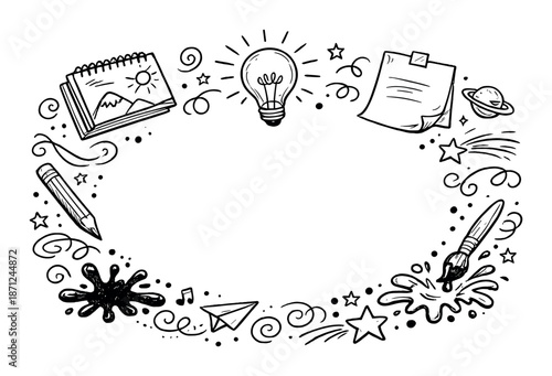 Creative doodles: swirling art elements with light bulb, paper, and cosmic imagery on dark background