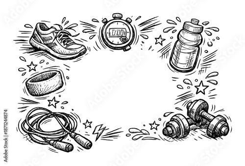 Hand-drawn fitness gear icons with shoes, stopwatch, water bottle, and dumbbells on dark background