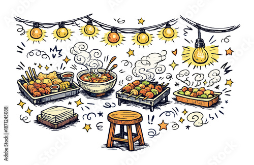 Colorful street food festival at night with skewers and lights