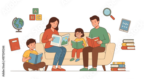 Family learning together, reading books and studying