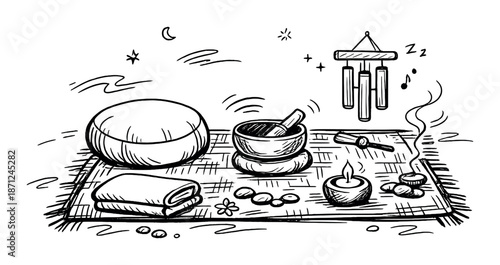 Tranquil meditation setup with singing bowl, candle, and wind chimes