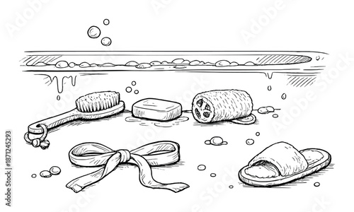 Monochrome bathroom elements: brush, soap, loofah, slipper, ribbon in vintage style