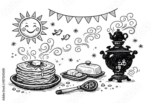 Whimsical black and white breakfast scene with pancakes, butter, samovar, and sun