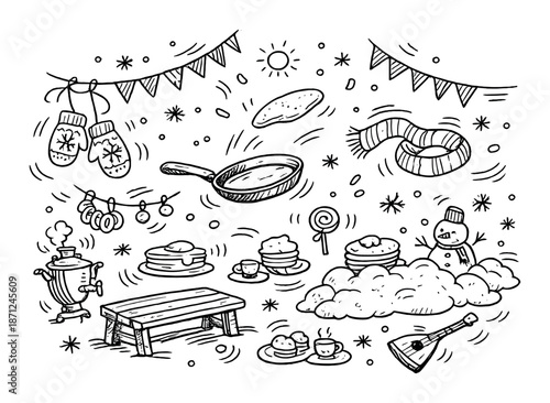 Hand-drawn winter celebration with pancakes, samovar, and cozy mittens