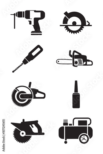 Black and white of various power tools drill circular