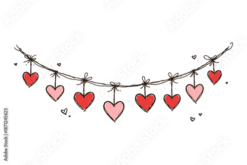 Hand drawn heart garland with pink and red hearts on twine for valentine’s day decor