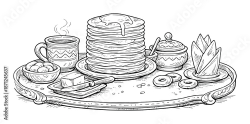 Illustrated breakfast: pancake stack with coffee and accompaniments on tray