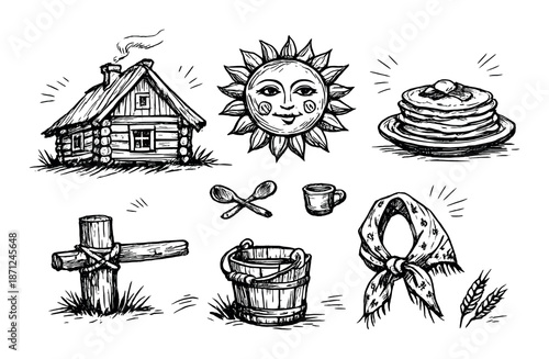 Rustic symbols: sun, cabin, pancakes, cross, bucket, mug, scarf, wheat