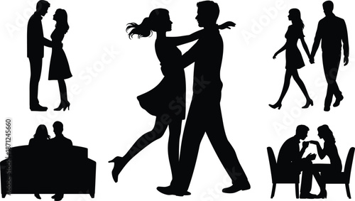 Romantic couple silhouette illustration set, dancing, walking, hugging and dating poses, elegant black human figures expressing love, relationships, and modern romance concepts