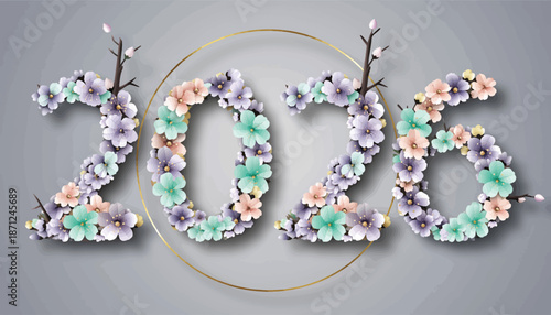 Floral 2026 number design with delicate blossoms and branches.