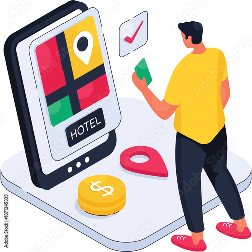 Person booking hotel online with app