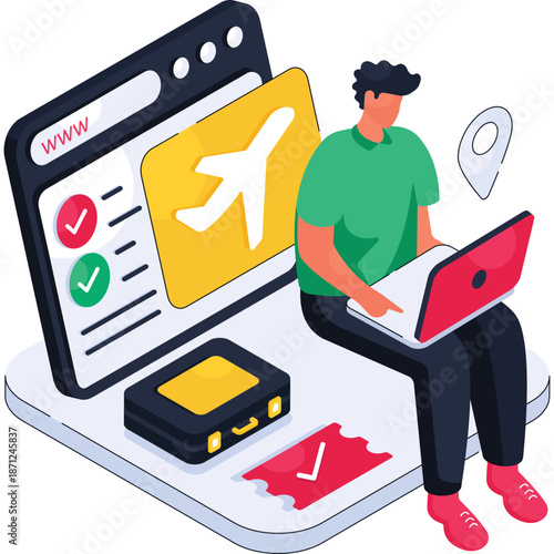 Person booking flights online with laptop and suitcase