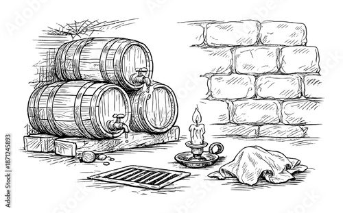 Vintage wine cellar: wooden barrels, candle, and stone wall sketch