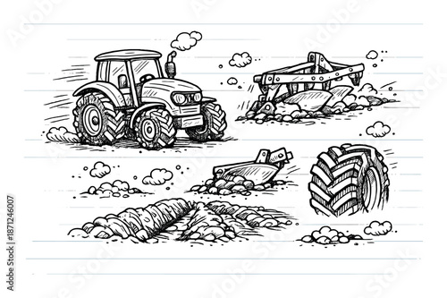 Hand-drawn farm machinery sketch with tractor and plow equipment