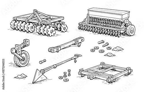 Vintage farm equipment sketch: disc harrow, seed drill, agricultural tools