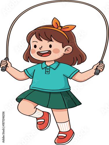 Cartoon girl skipping rope with joyful expression, wearing colorful outfit, showing active movement, childhood exercise, fitness, and playful outdoor activity