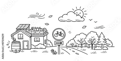 Eco-friendly house with solar panels and rainwater harvesting by a bicycle path in nature