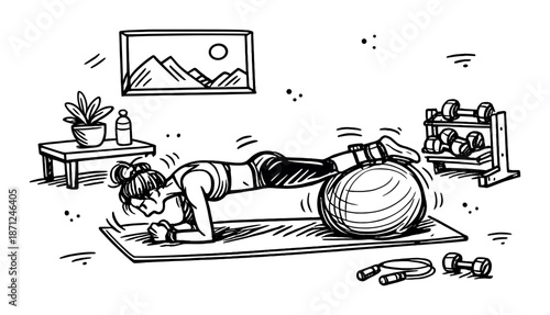 Female fitness enthusiast exercising with stability ball in home gym setting