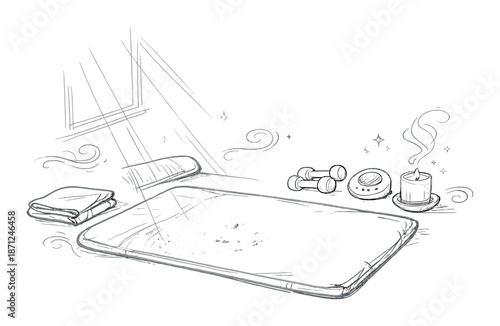 Cozy meditation scene with yoga mat, weights, candle, and essential oils in soothing light