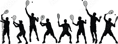 Silhouette sequence of tennis player hitting ball with racket, showing dynamic poses, athletic technique, sports training and motion analysis illustration
