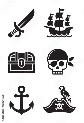 Black and white pirate symbols including sword ship treasure chest skull anchor parrot hat