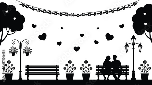 Romantic park silhouette illustration with couple on bench, heart shapes, trees and street lamps, love scene design for Valentine, wedding, and relationship concepts