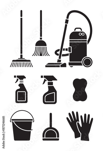 Black and white cleaning tools broom dustpan